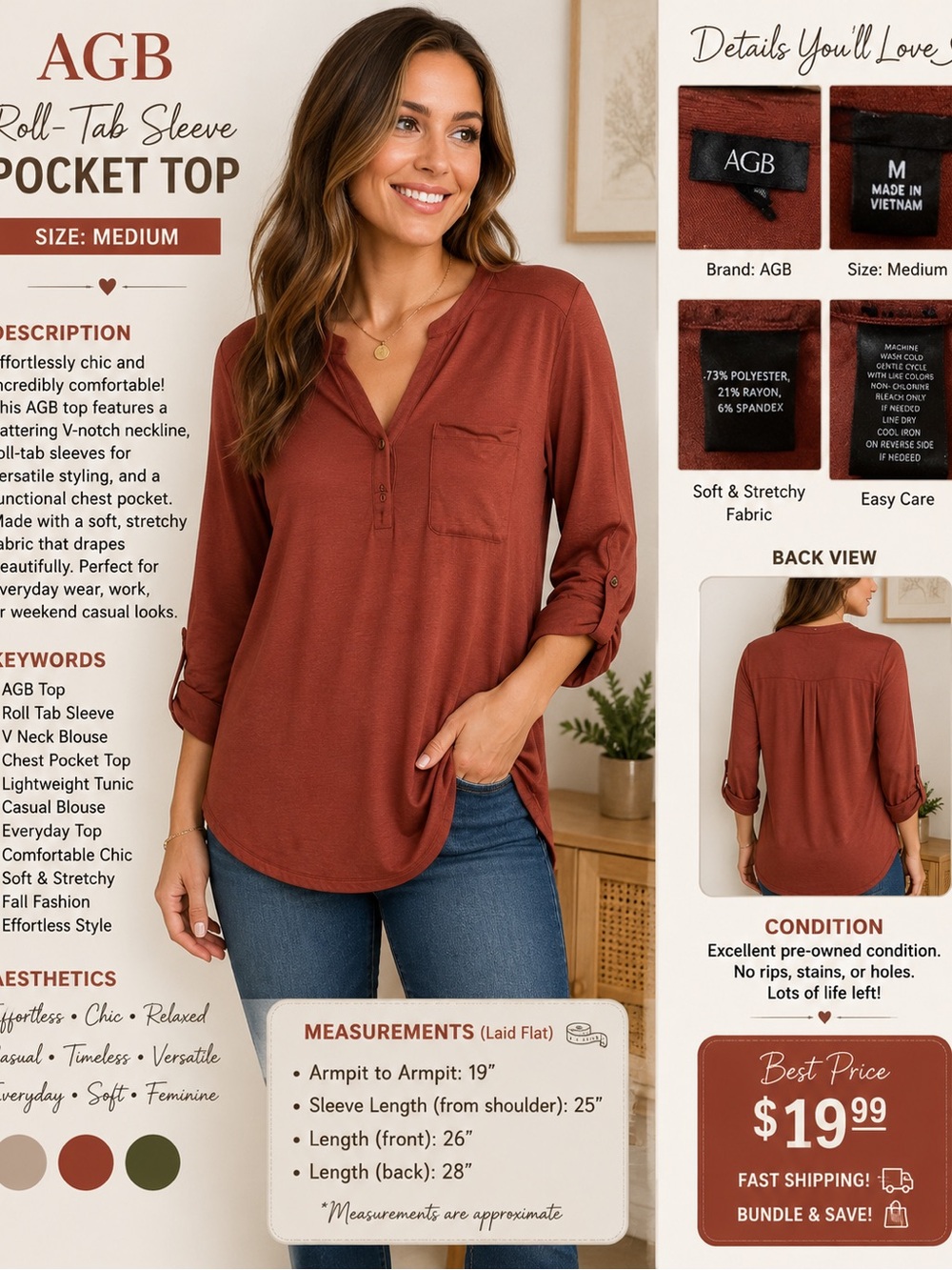 AGB Rust Button-Front Roll-Tab Sleeve Blouse